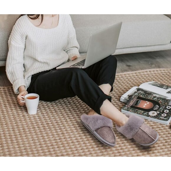 ⚡Women Grey Suede Fluff Dual Memory Foam Arch Support Warm Scuff Slipper - Picture 2 of 7
